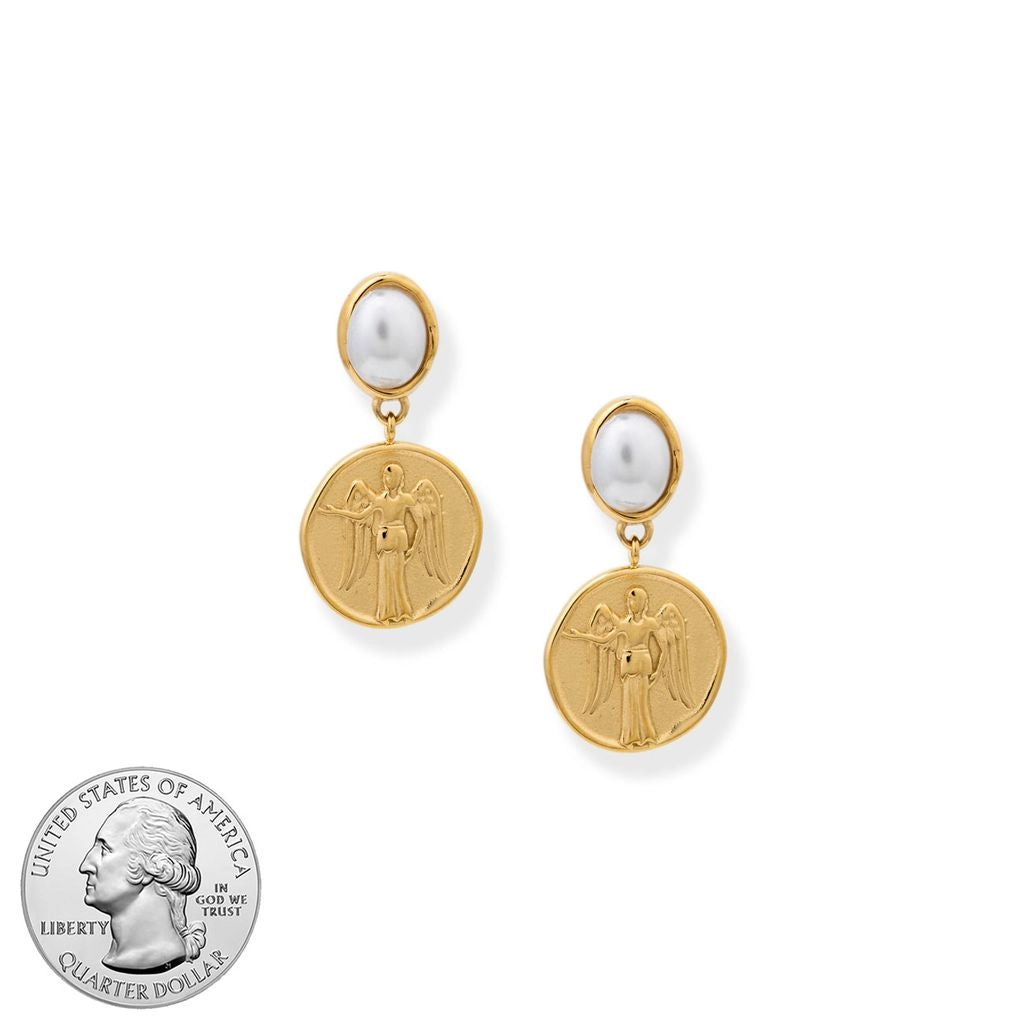 Gold earrings with pearl accents on a white background