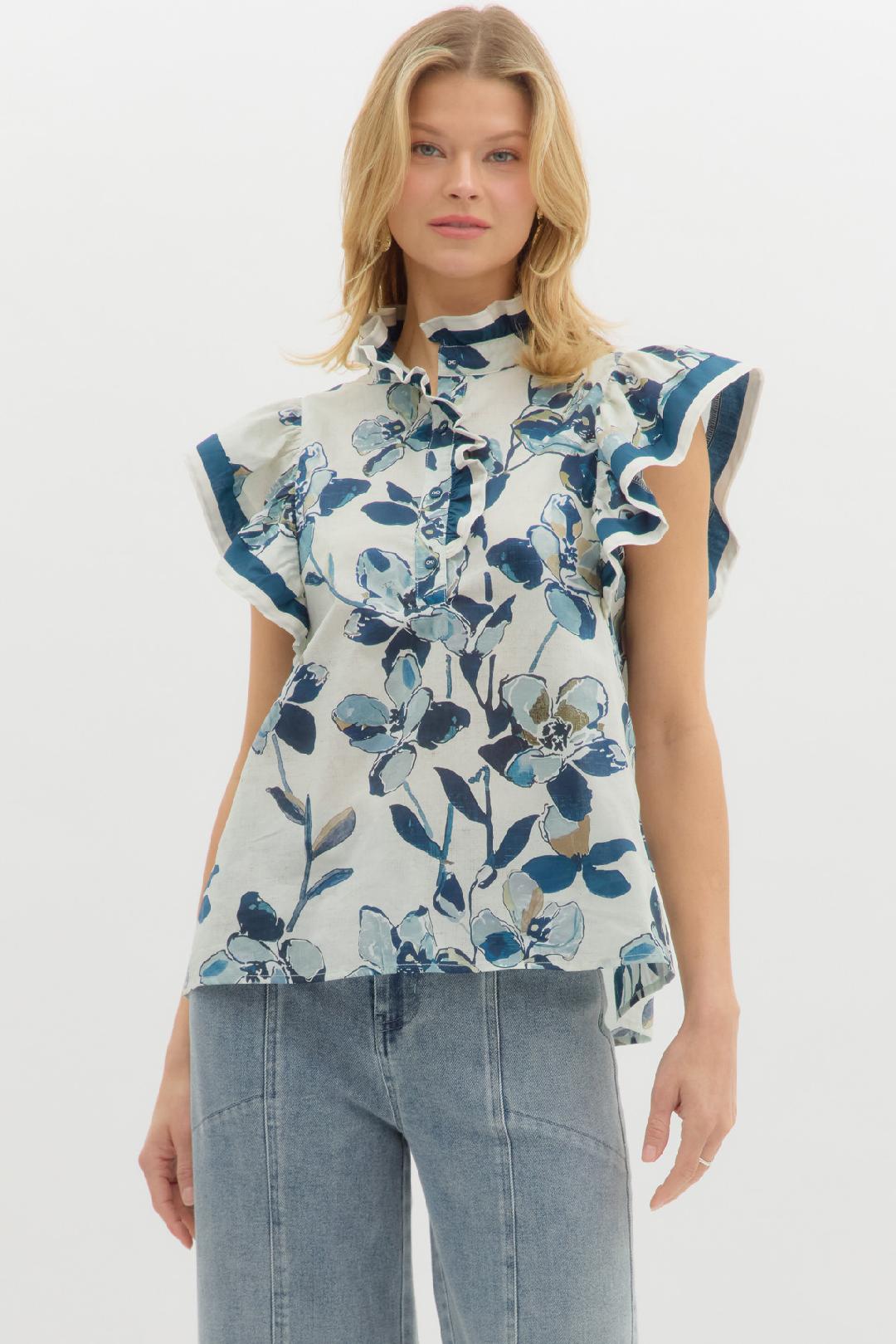 High Collar ruffle Navy Floral Mix Top