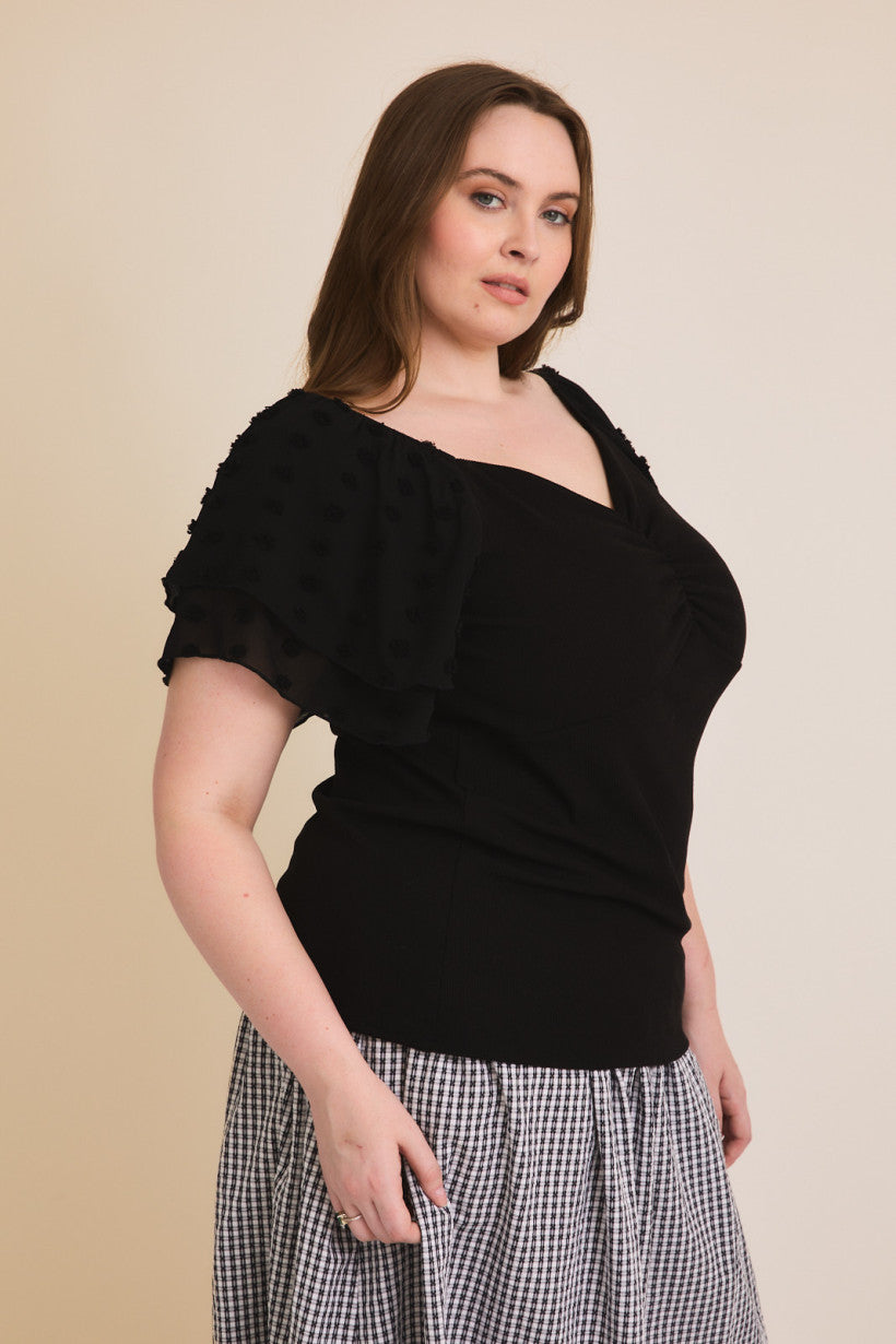 CURVY SWEET HEART NECK DOUBLE RUFFLE SLEEVE TOP