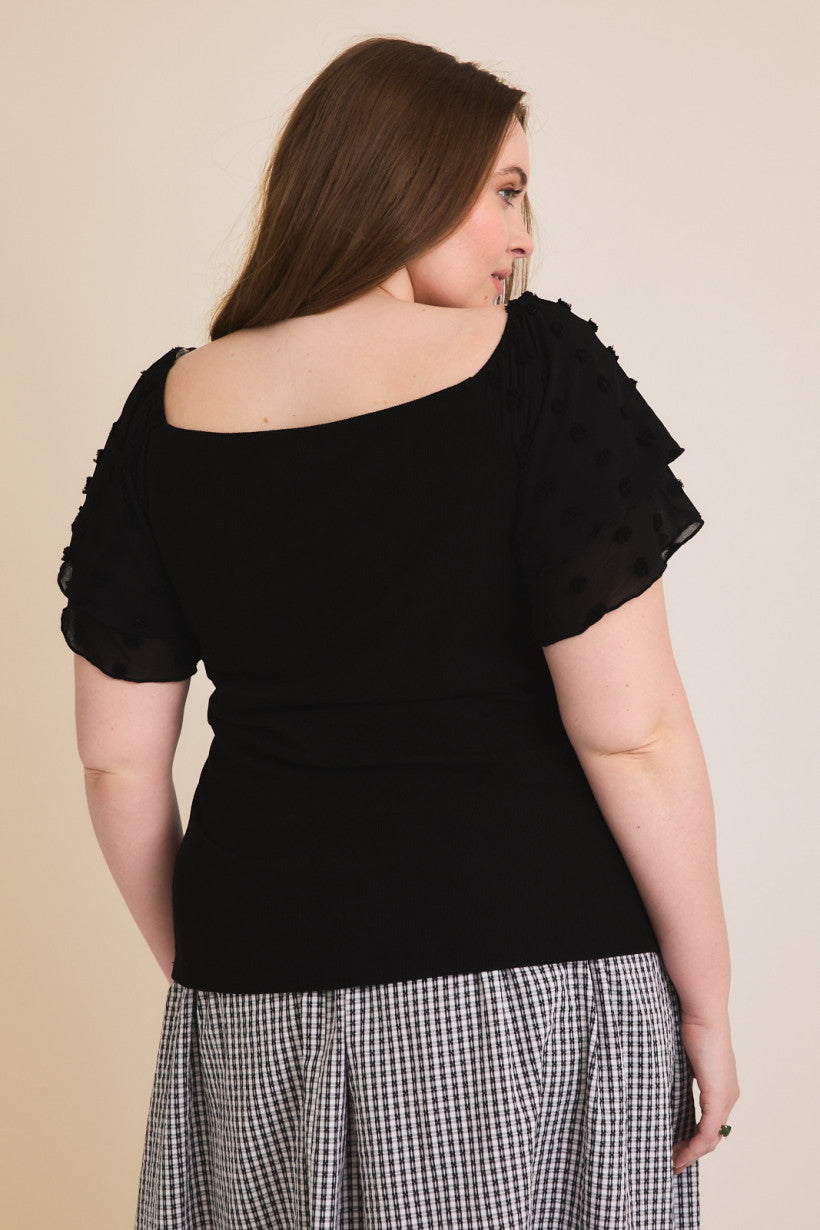 CURVY SWEET HEART NECK DOUBLE RUFFLE SLEEVE TOP