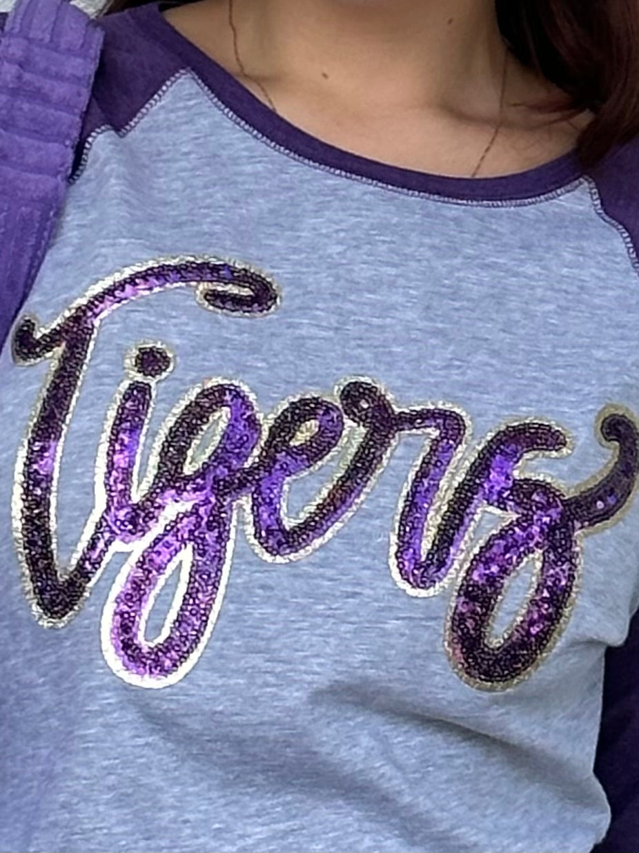 Tigers sequin appliqué 3/4 length sleeve varsity T shirt - size inclusive