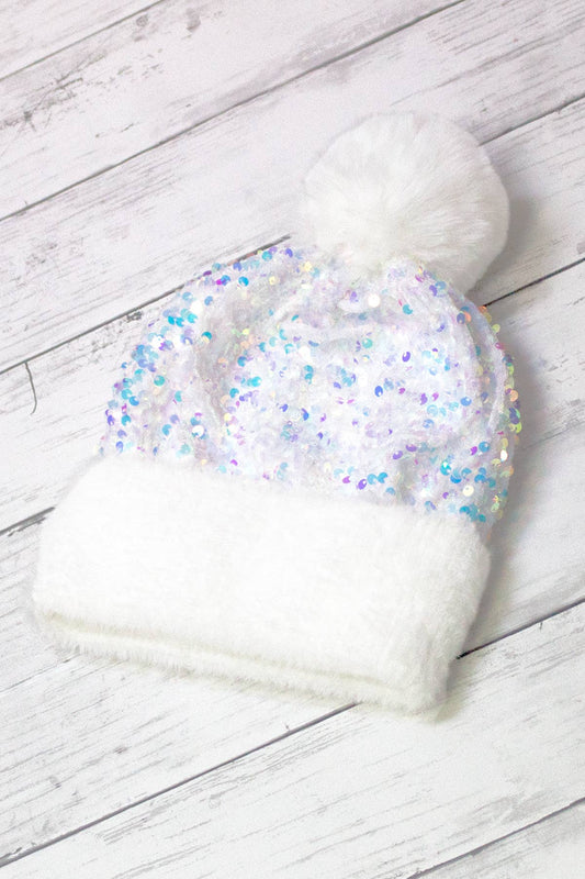 Sequin Fur Pom Fashion Beanie - White