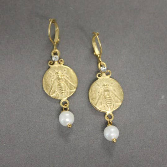 Circle Coin Bee Earring with Shell Pearl Drop