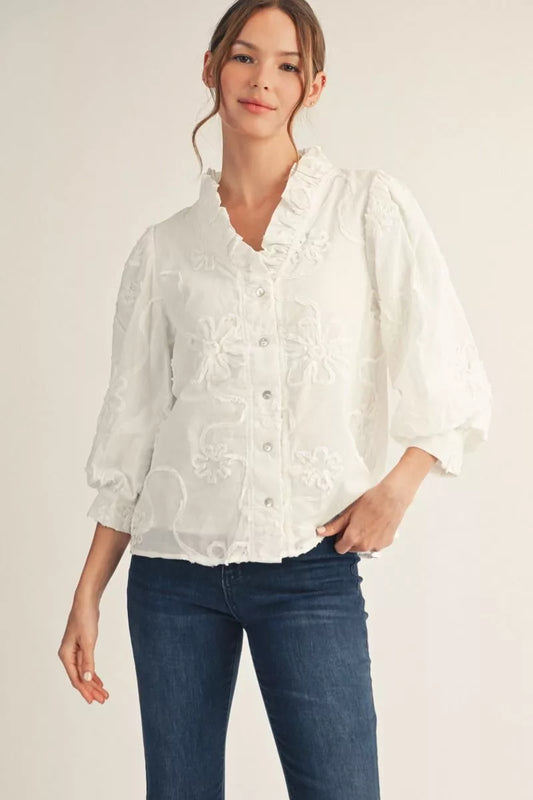 White Bursting Bloom 3/4 Sleeve Blouse