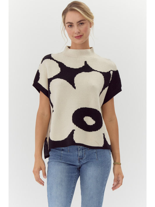 Mock Neck Big Flower Print sweater