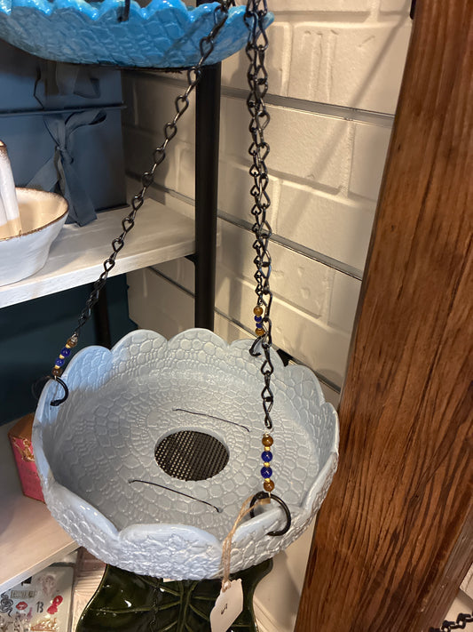 Light Blue Deep Dish Hanging Bird Feeder with Screen: Textured Design