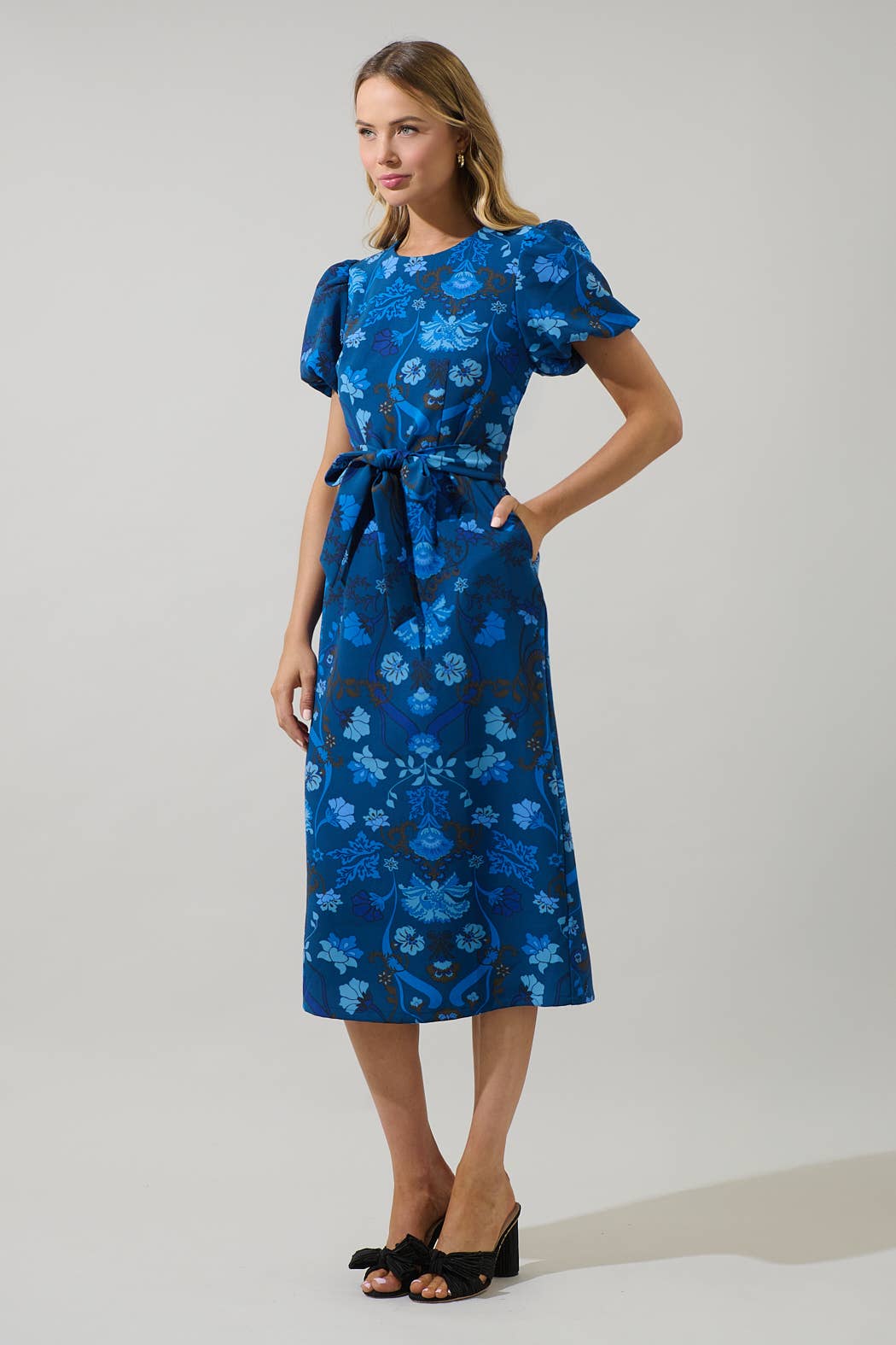 Palmate Floral  Puff Sleeve Midi Dress