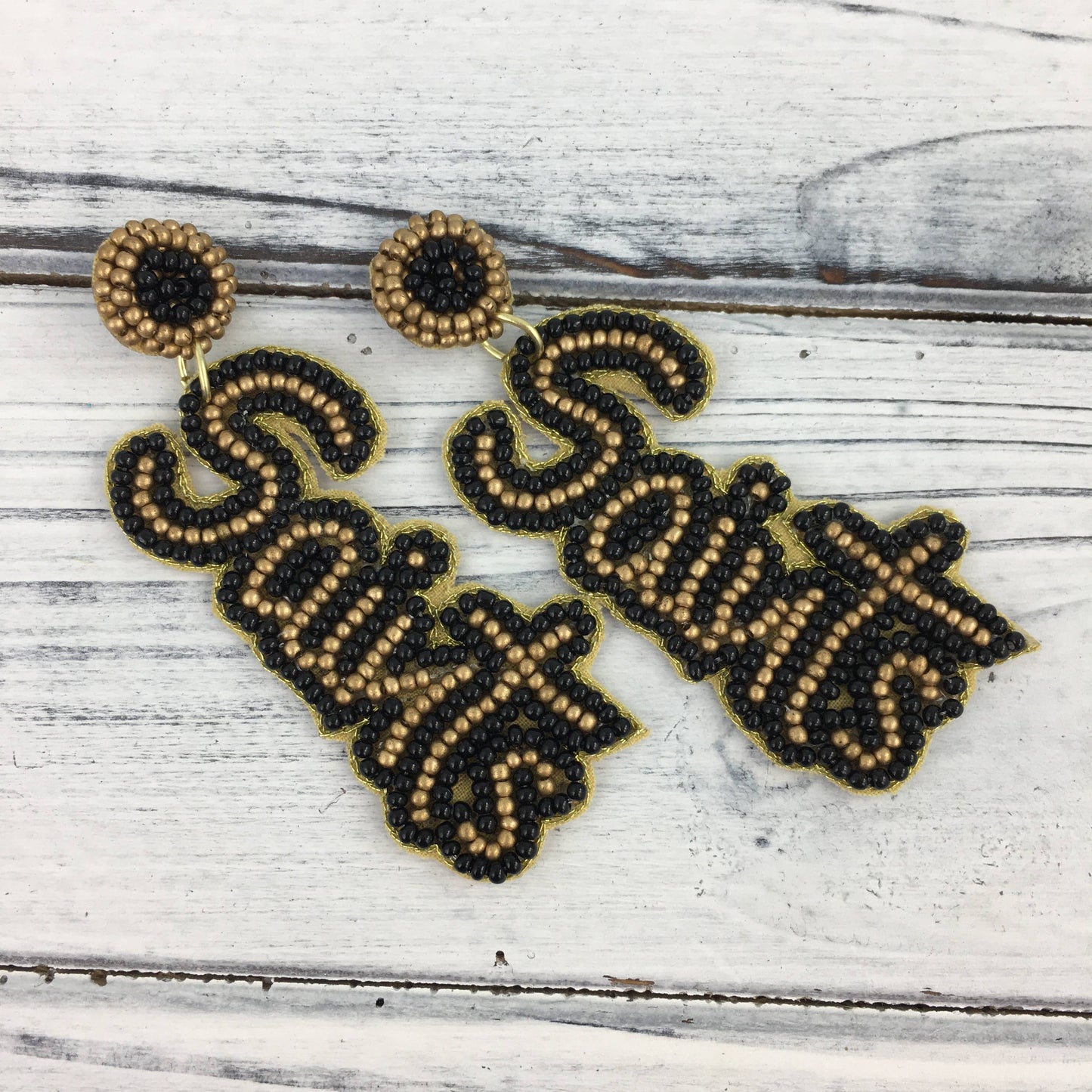 Saints Beaded Black and Gold Seeded Earrings