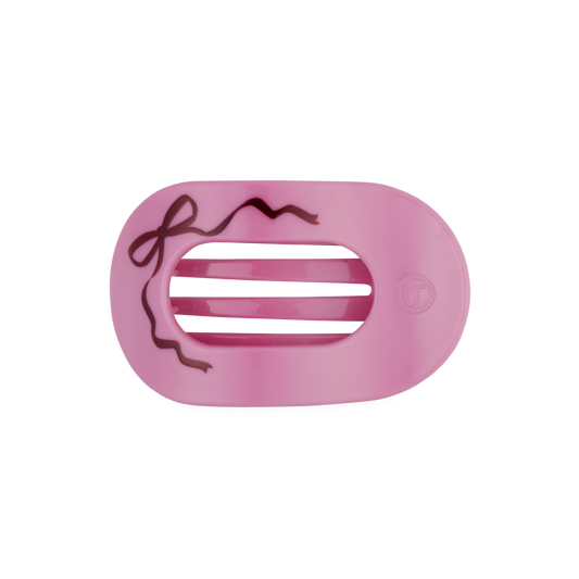 TELETIES pink Just Add a Bow medium flat round hair clip, top view