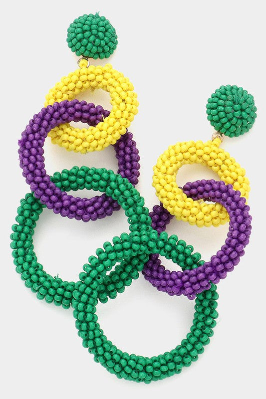 Mardi Gras Seed Beaded Open Circle Link Dangle Earrings