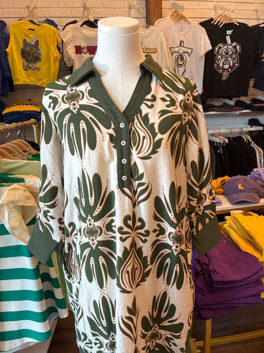 Green Medallion  printed mini dress with pockets