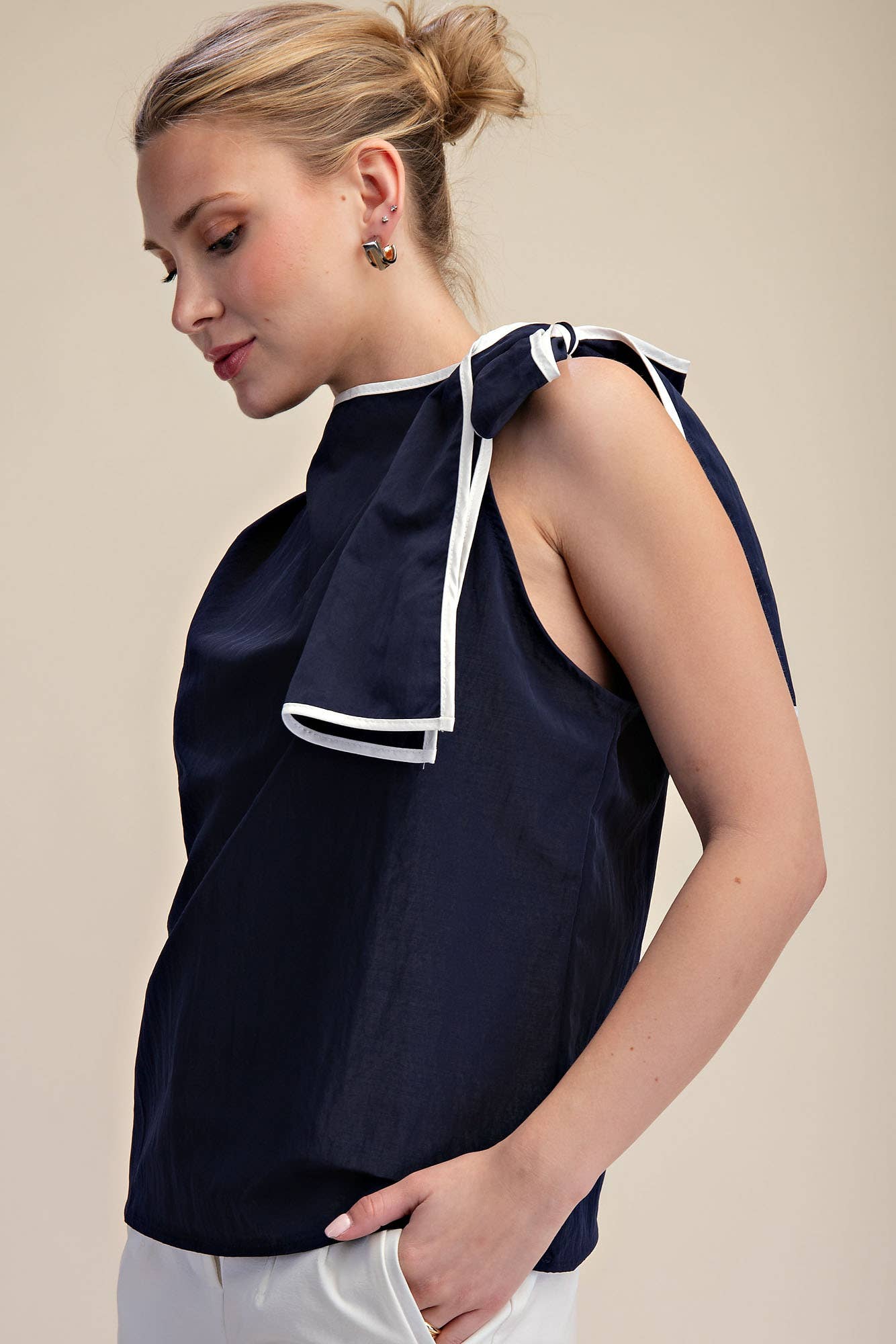 Navy Blair Bow Sleeveless Top