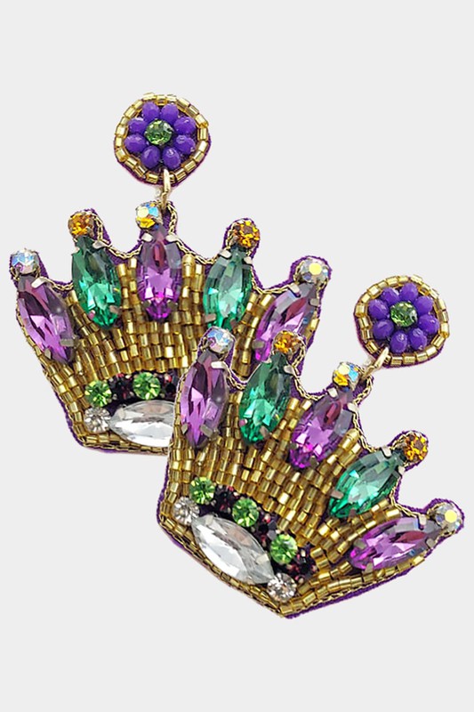 Beaded Crown Mardi Gras Earrings