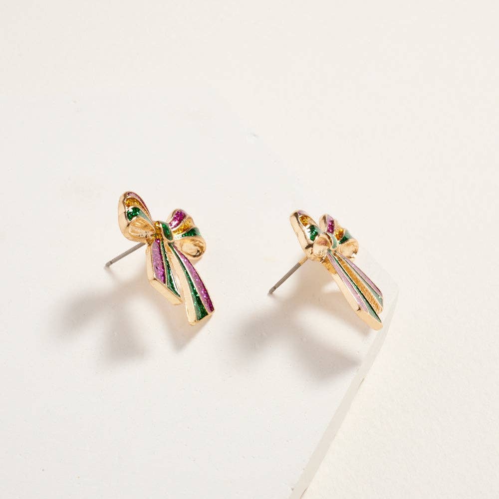 Mardi Gras Glitter Bow Ribbon Post Earrings