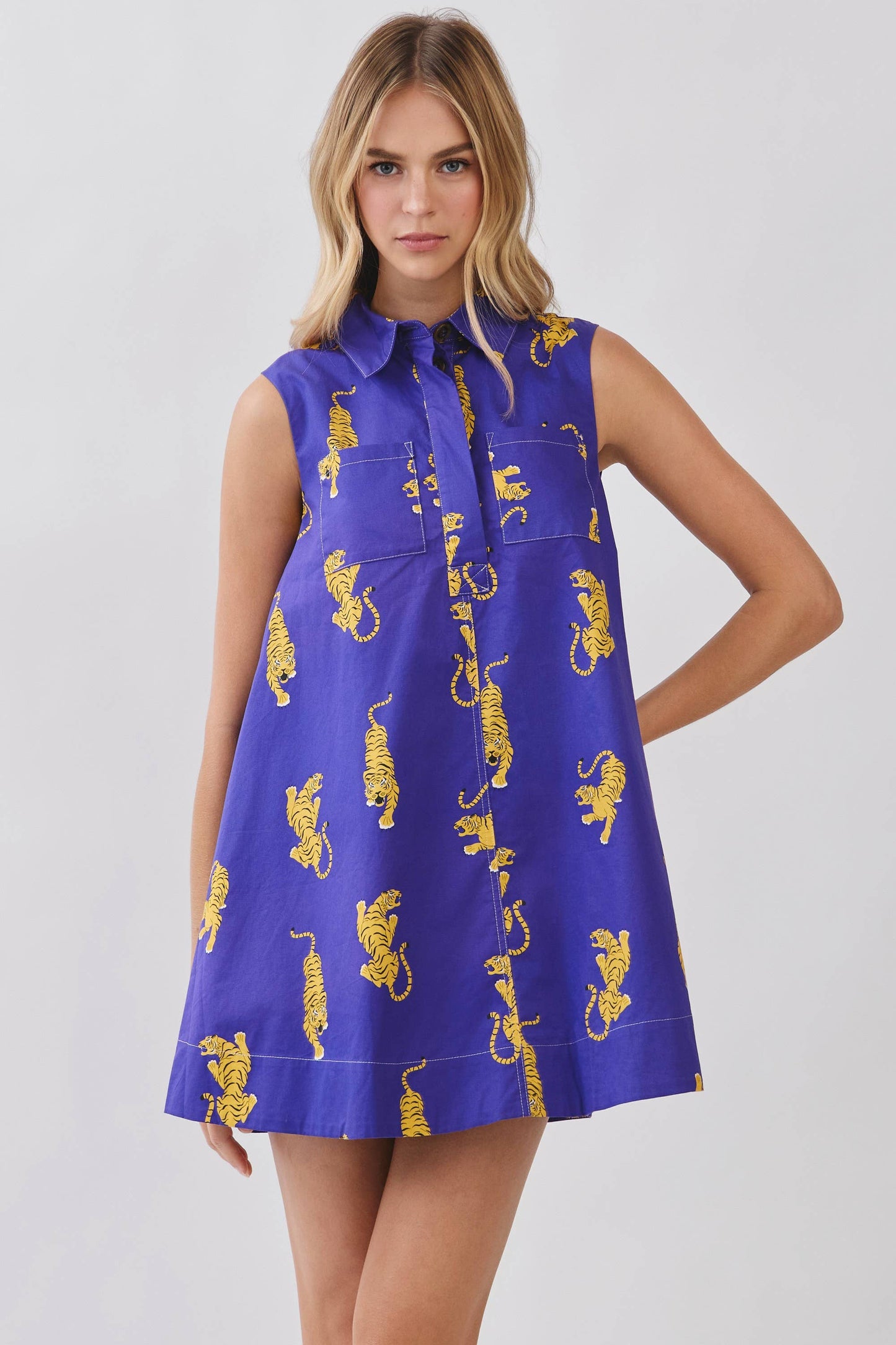 Tiger Print Sleeveless Shirt Dress