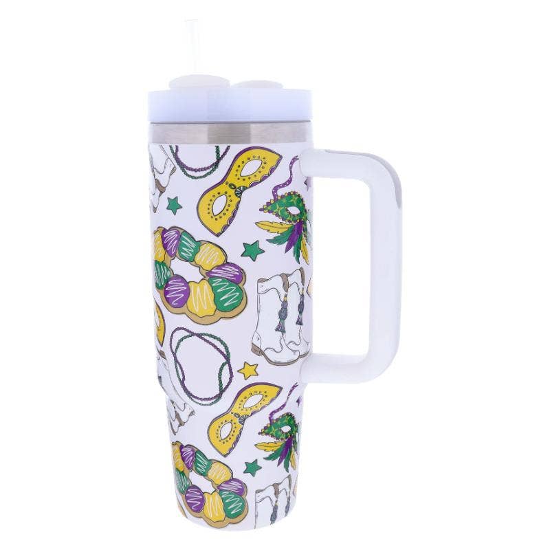 Mardi Gras 30 Oz. Tumbler With Straw and Handle