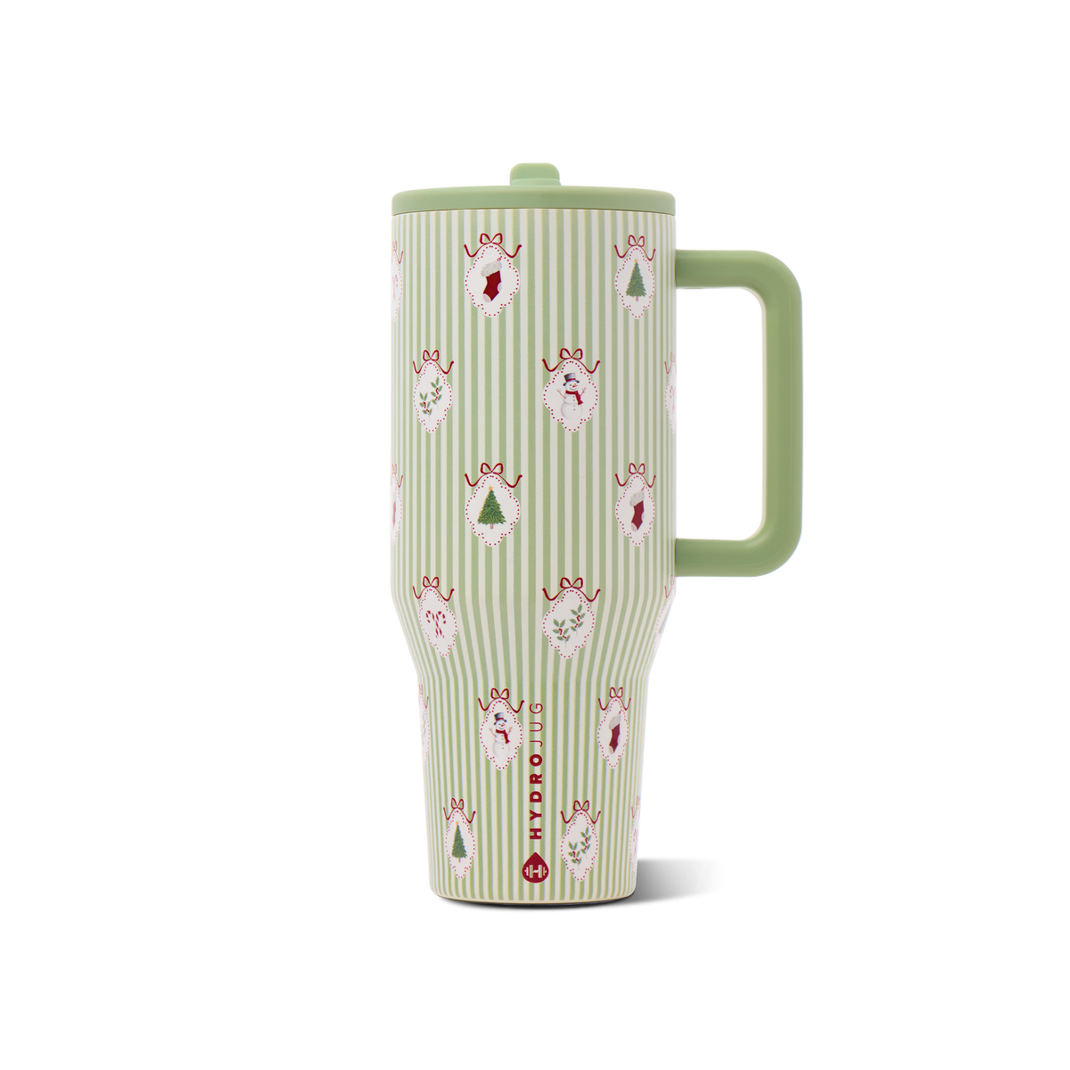 Deck the Halls HydroJug 40 oz Traveler with green and cream stripes and Christmas motifs