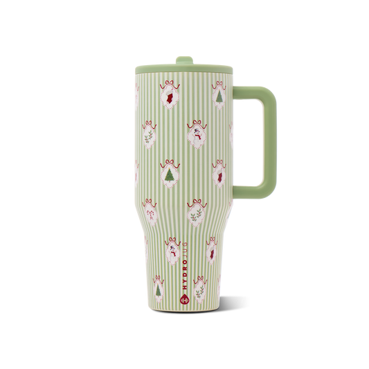 Deck the Halls HydroJug 40 oz Traveler with green and cream stripes and Christmas motifs