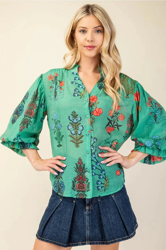 Green Botanical Print Ballon Sleeve Top Peacock Curves