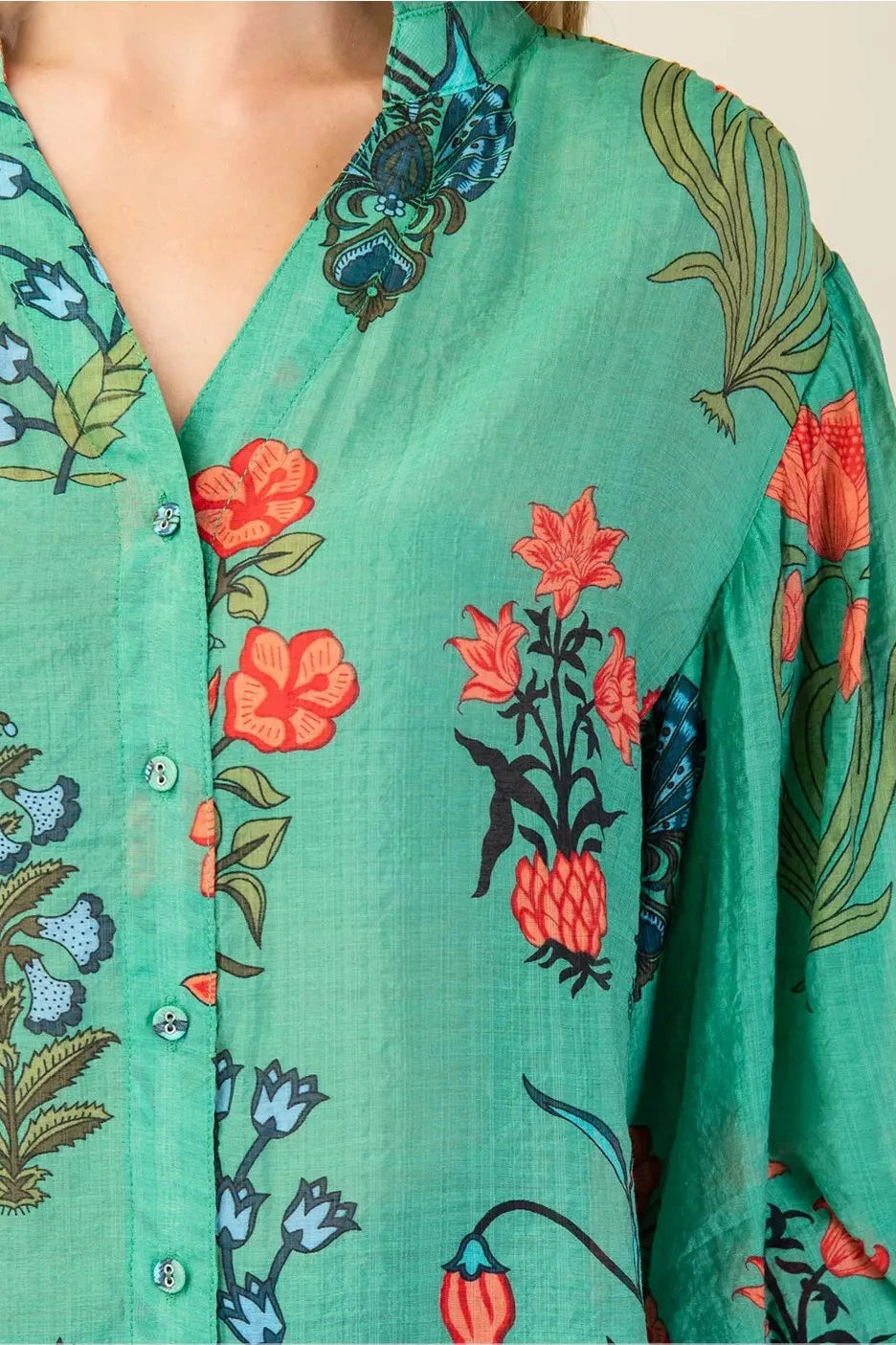 Green Botanical Print Ballon Sleeve Top Peacock Curves