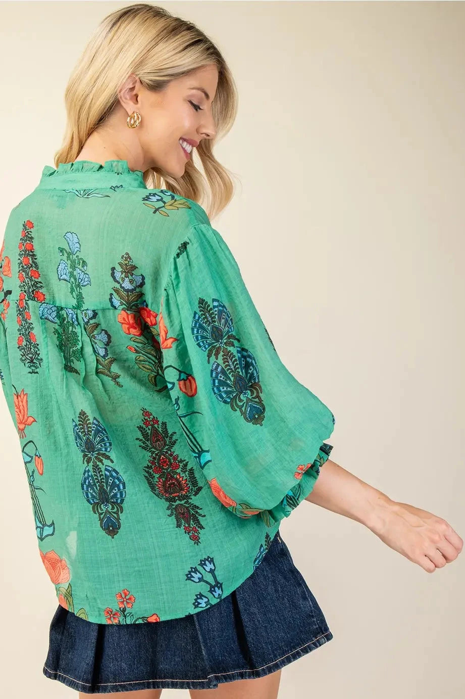 Green Botanical Print Ballon Sleeve Top Peacock Curves
