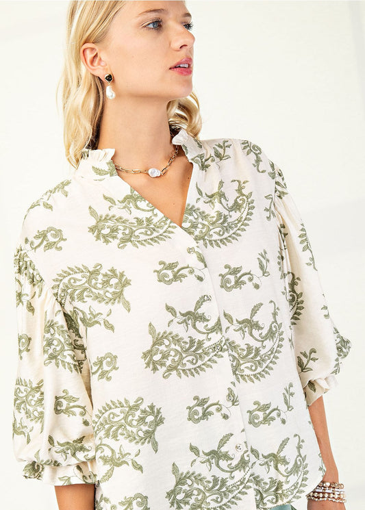 Sage Scroll Ballon Sleeves Top