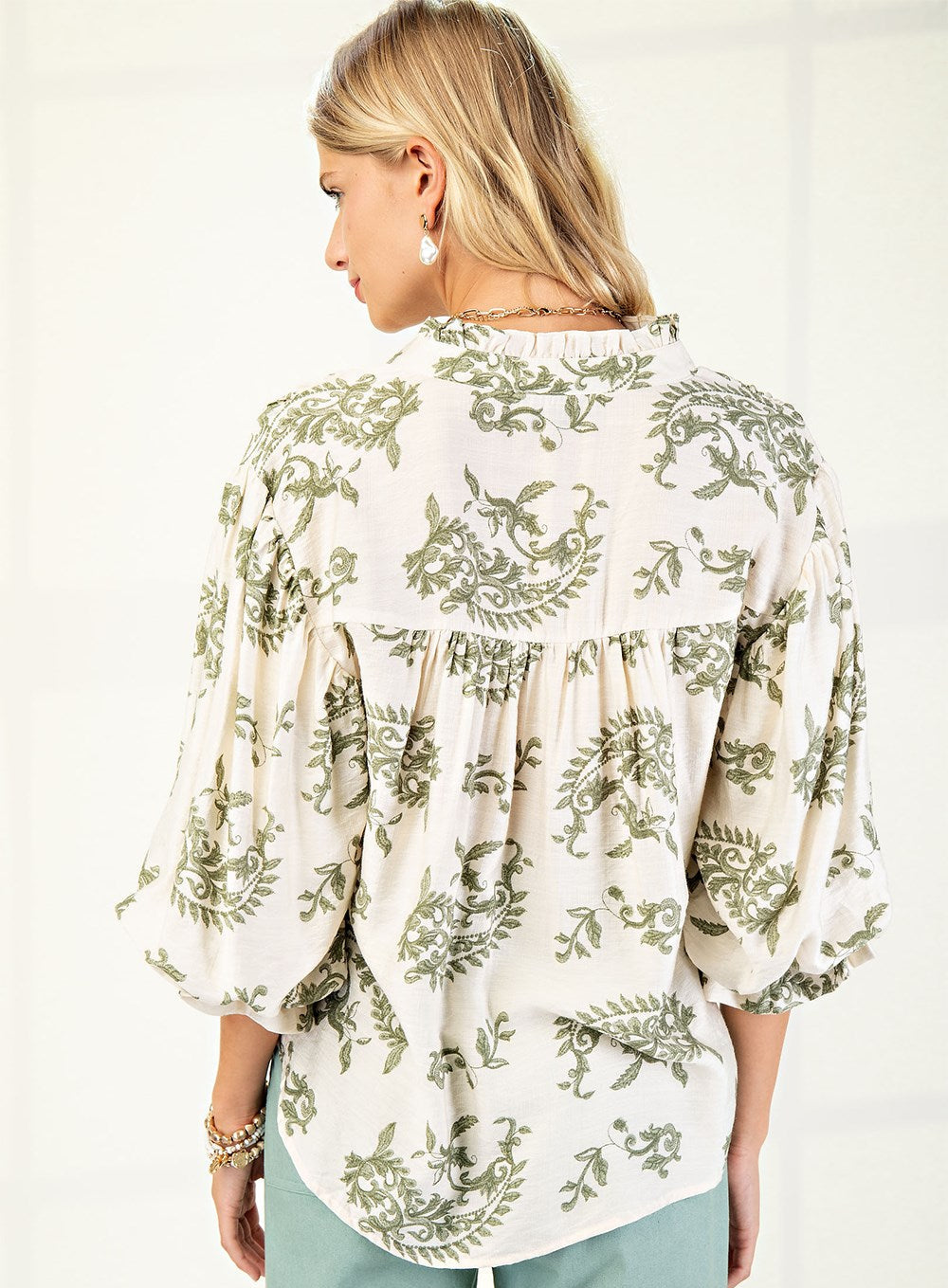 Sage Scroll Ballon Sleeves Top