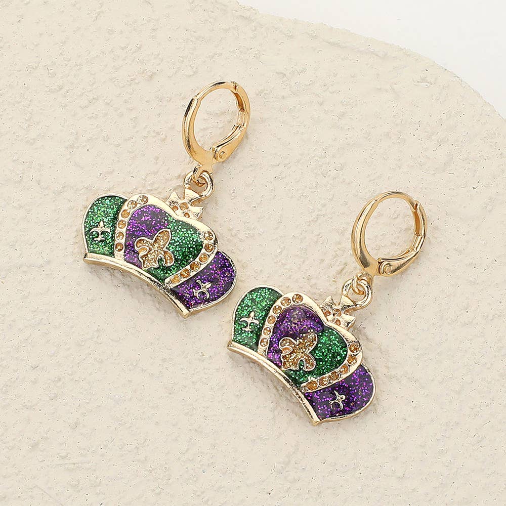 Glittered Enamel Mardi Gras Hat Dangle Earrings