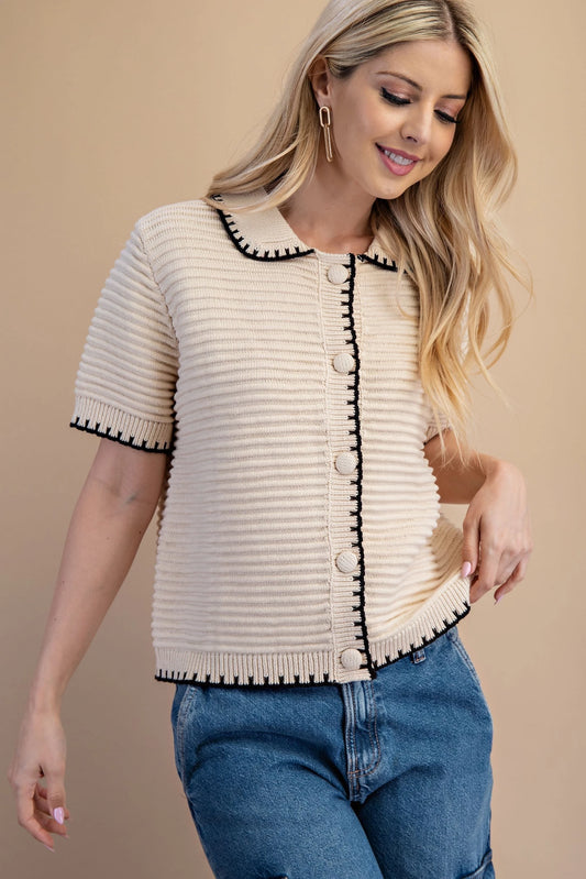 Beige Textured Knit Button Front Cardigan