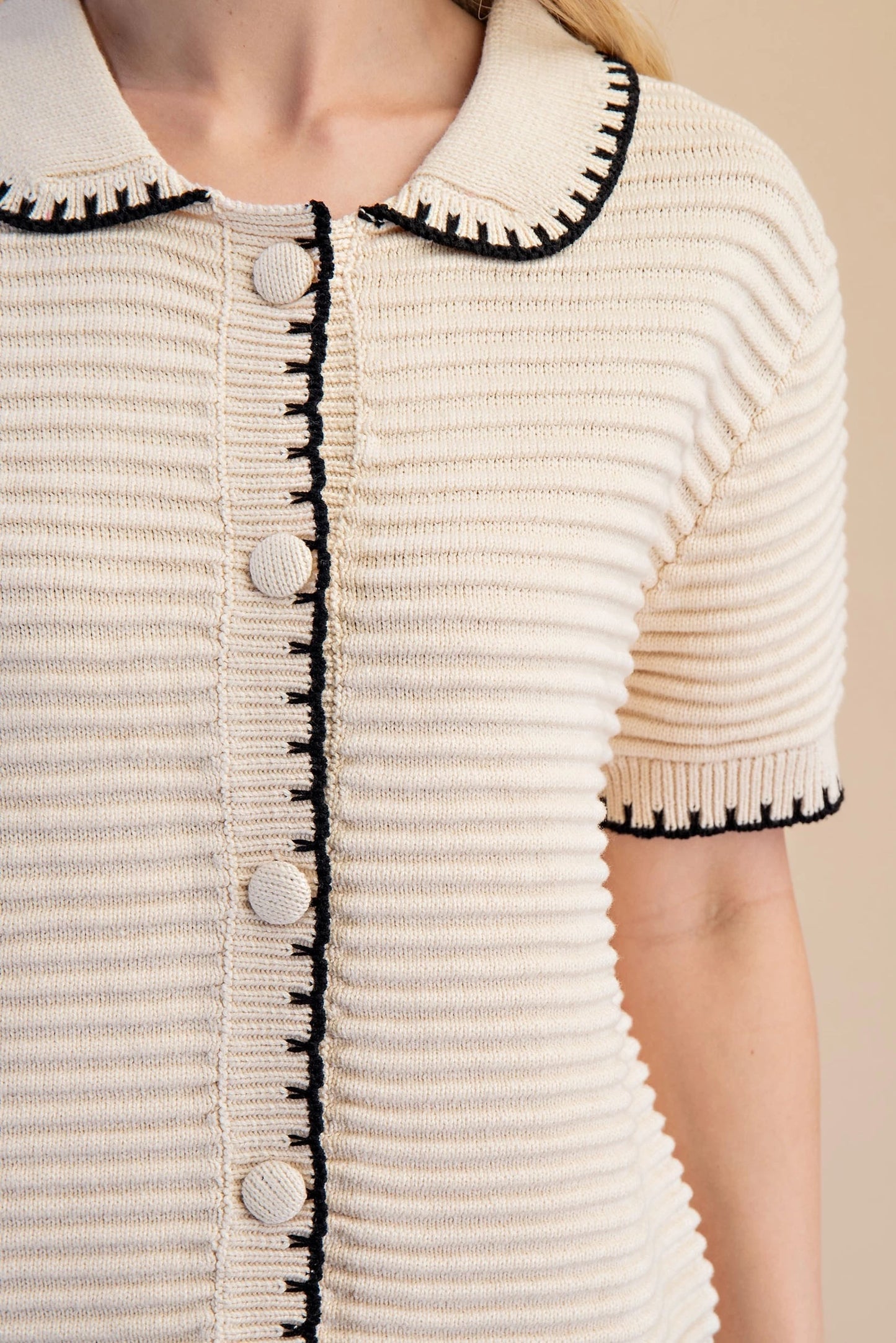 Beige Textured Knit Button Front Cardigan