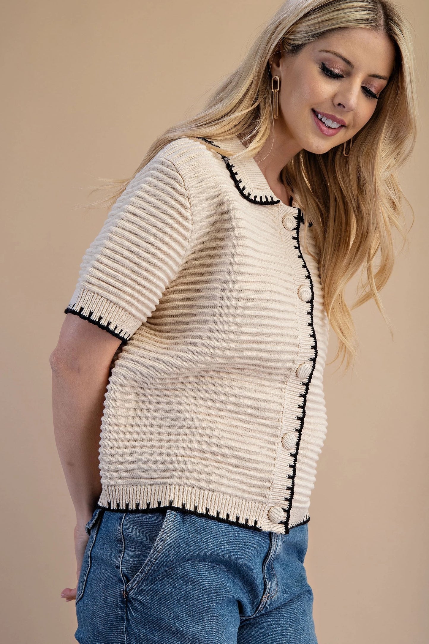 Beige Textured Knit Button Front Cardigan