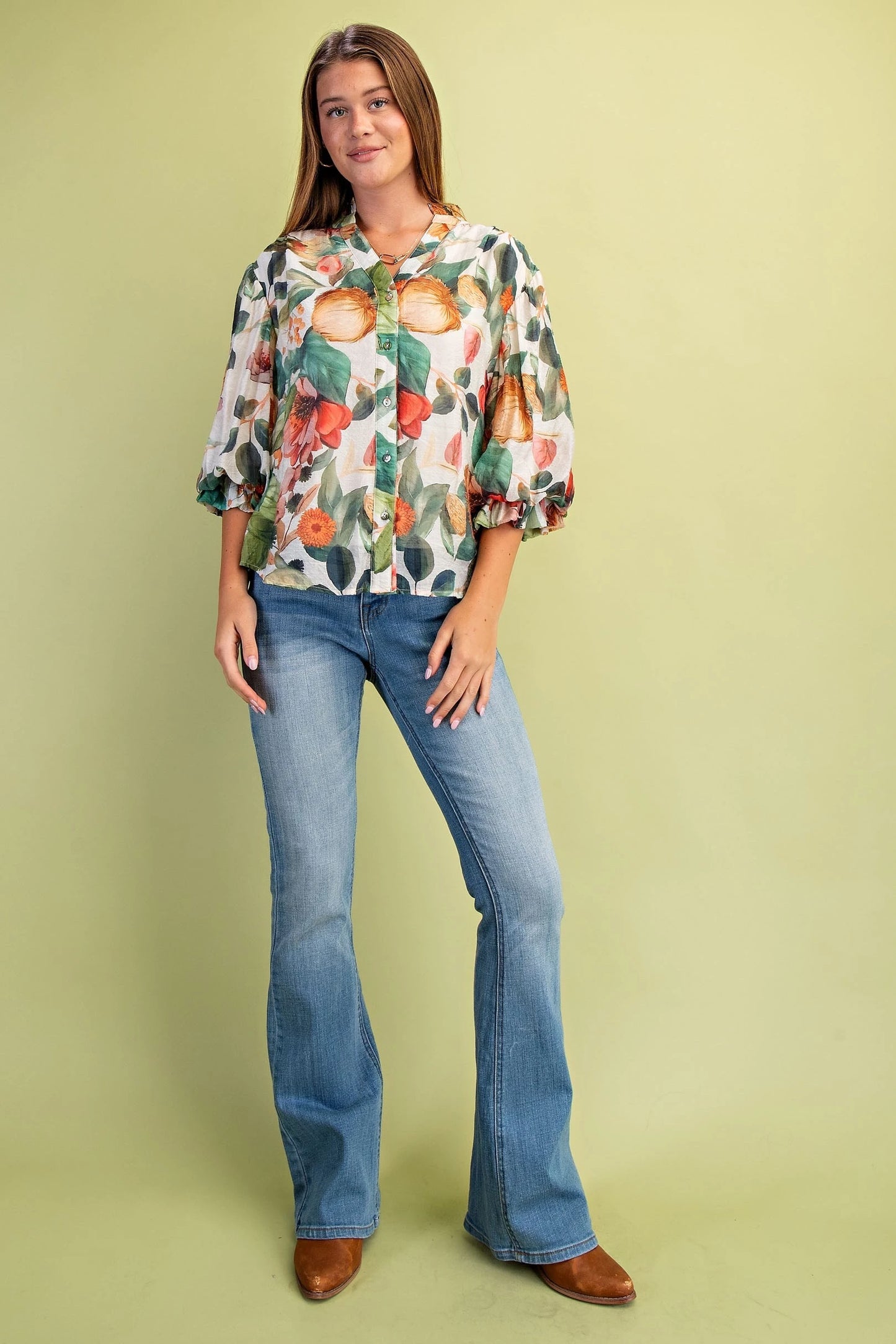 Marilyn Moss Green Balloon Sleeve Top