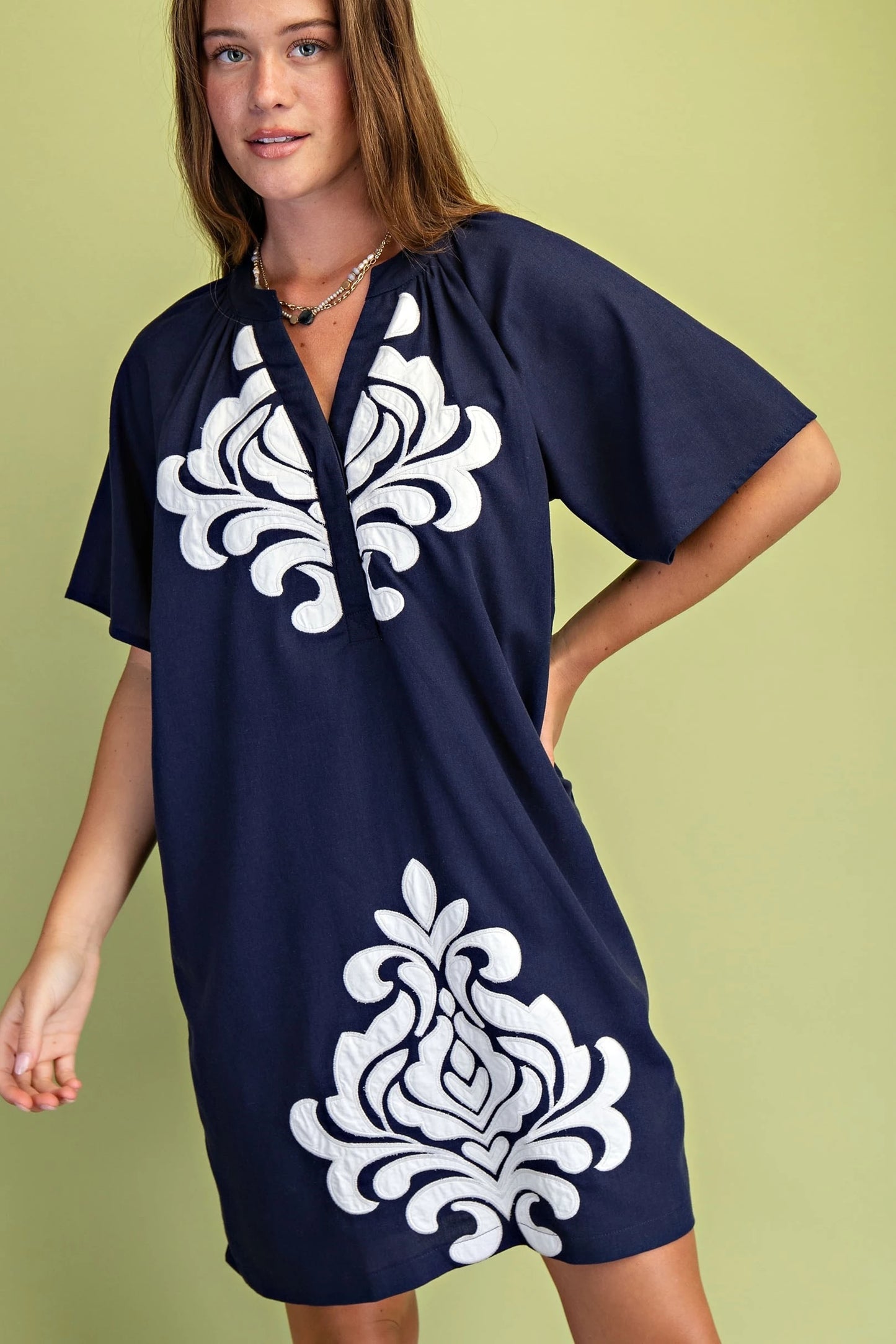 Linen V-Neck Embroidered Applique Details