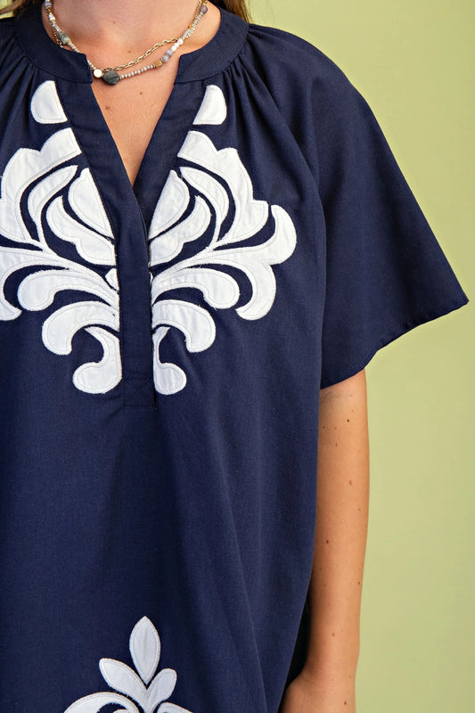 Linen V-Neck Embroidered Applique Details