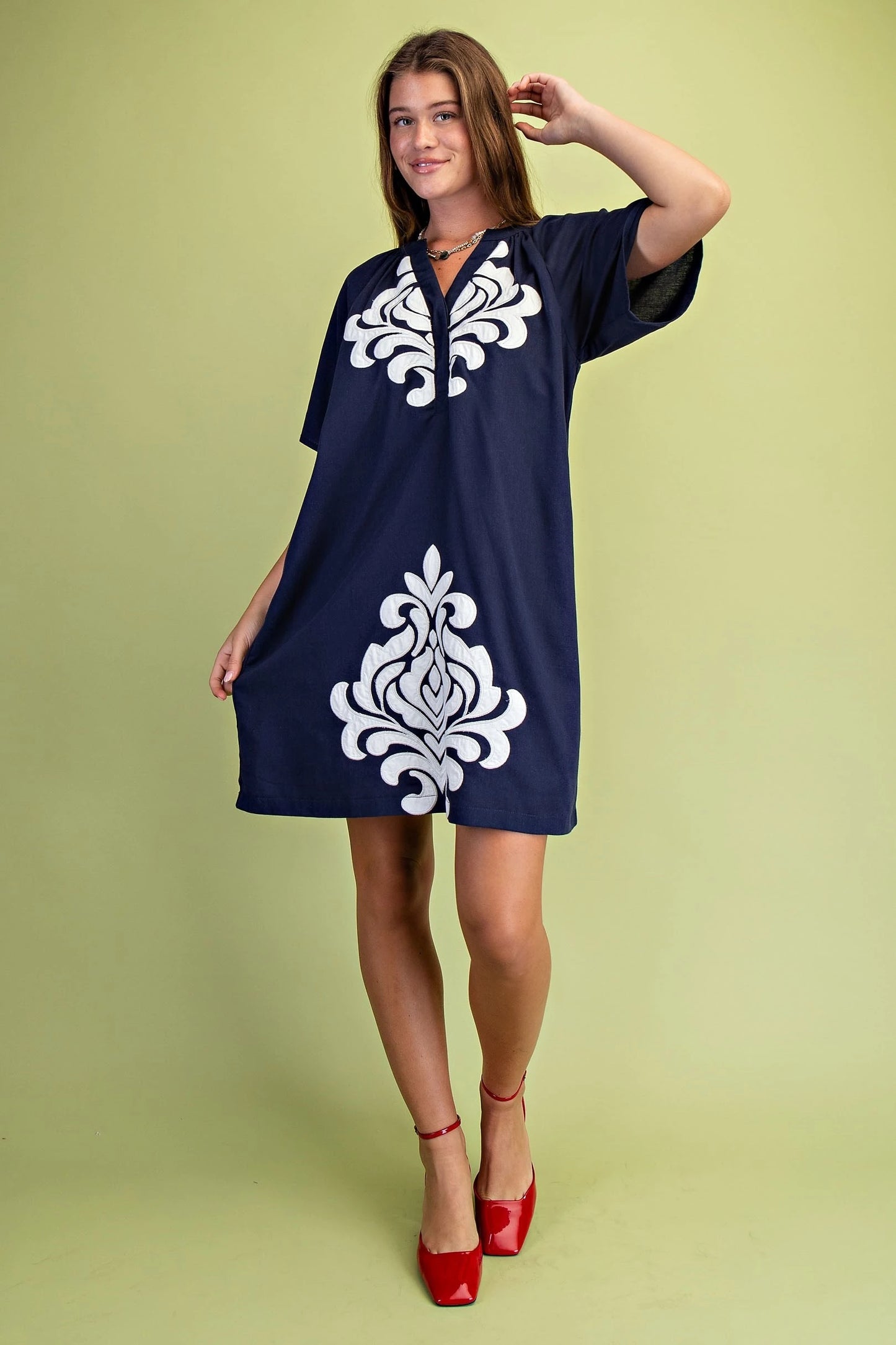Linen V-Neck Embroidered Applique Details