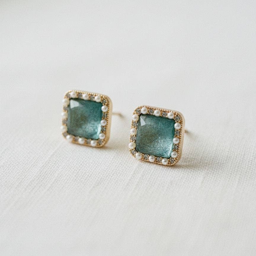 Green Cubic Zirconia Geometric Stud Earrings