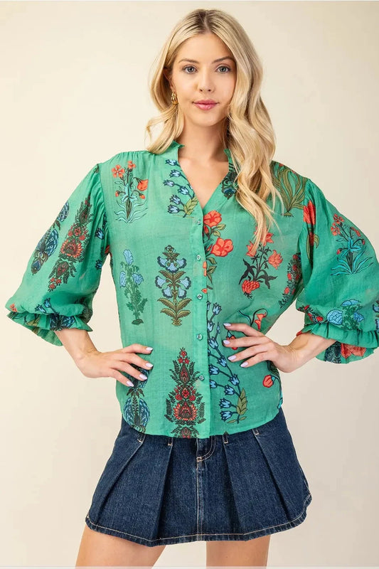Green  Botanical Print Ballon Sleeve Top