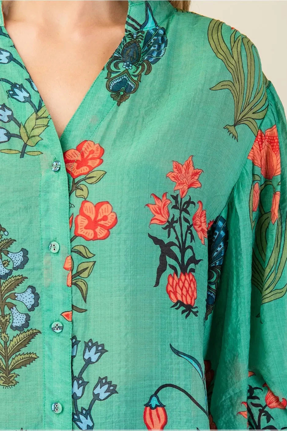 Green  Botanical Print Ballon Sleeve Top