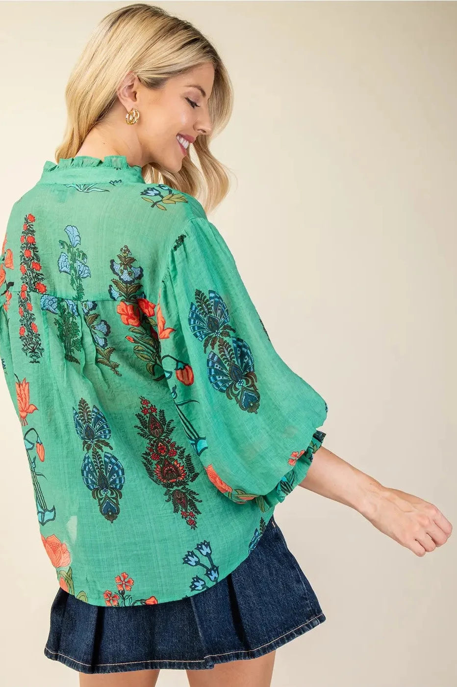 Green  Botanical Print Ballon Sleeve Top