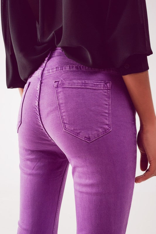 Purple Q2 Flare Jeans with Raw Hem edge