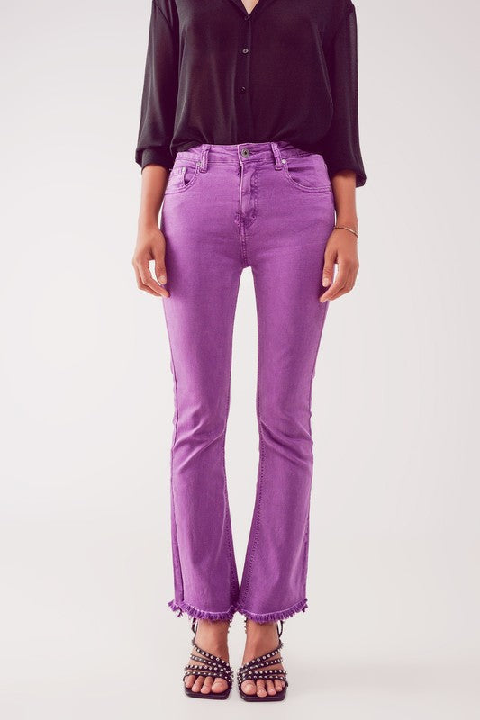 Purple Q2 Flare Jeans with Raw Hem edge