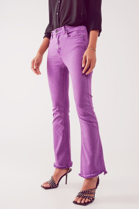 Purple Q2 Flare Jeans with Raw Hem edge