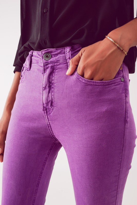 Purple Q2 Flare Jeans with Raw Hem edge