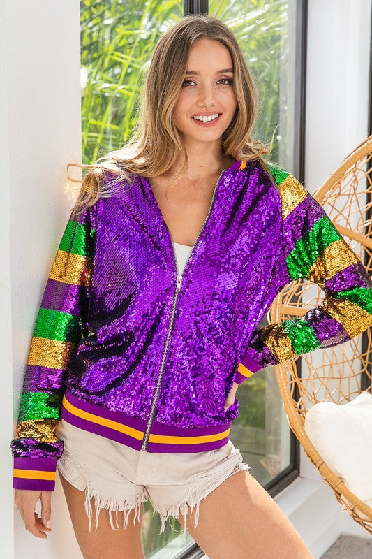 MARDI GRAS COLOR BLOCK SEQUIN BOMBER JACKET