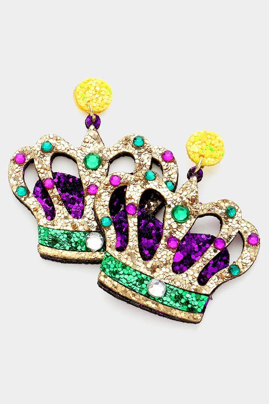 Mardi Gras Glittered Crown Dangle Earrings