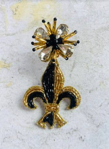 Black & Gold Fleur de Lis Beaded Earrings