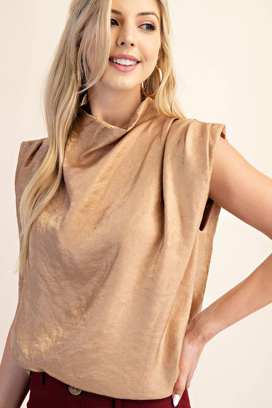 tan Cowl Neck Pleats Sleeveless Top