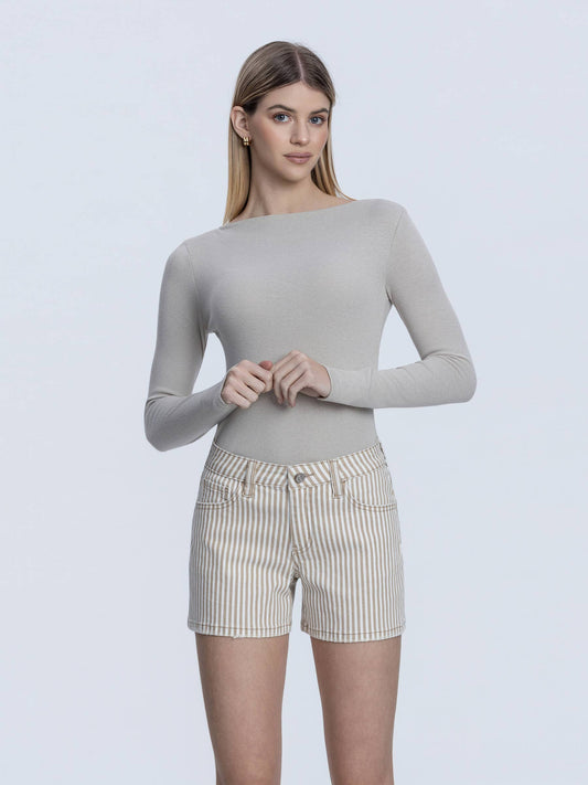 The Ali - Mid Rise Tan Stripe Shorts