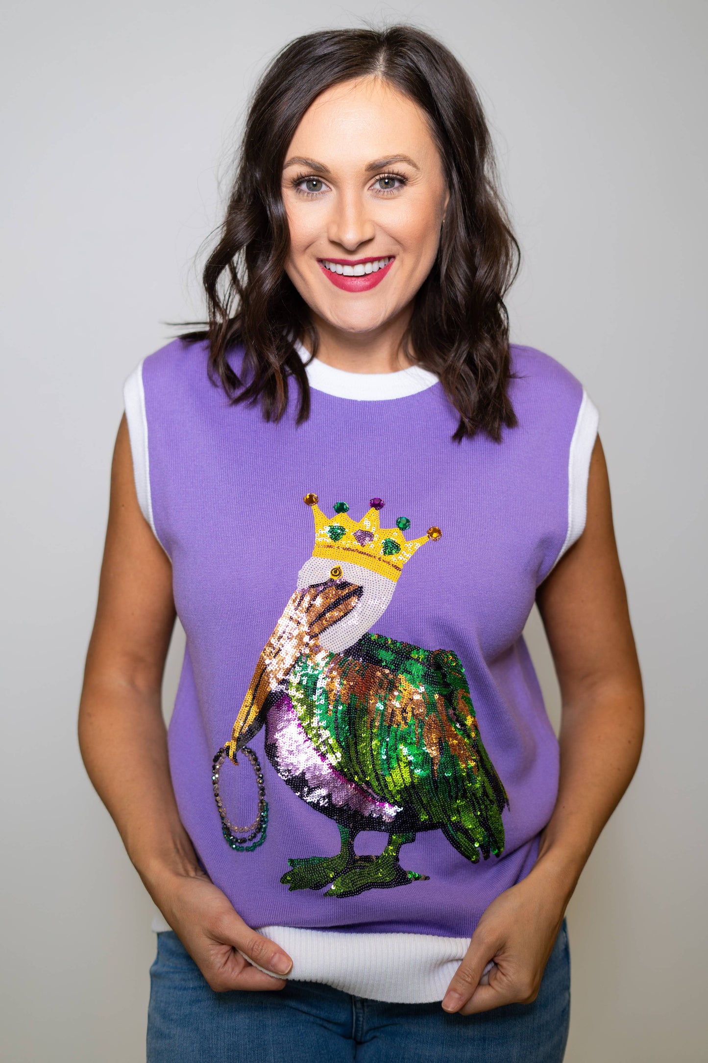 Mardi Gras Pelican | Sequin Sleeveless Sweater
