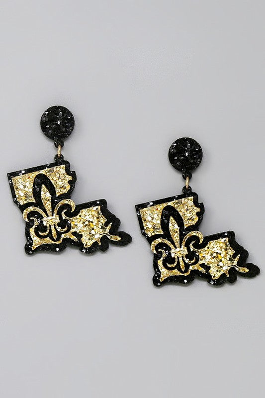 Saints Louisiana State Map Glitter Earrings